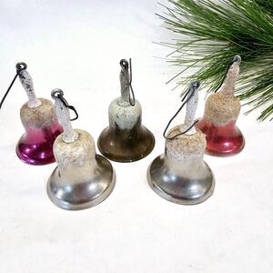 5 Vintage Glitter Snowy Metal Bells Christmas Tree Ornaments w/handle & clapper